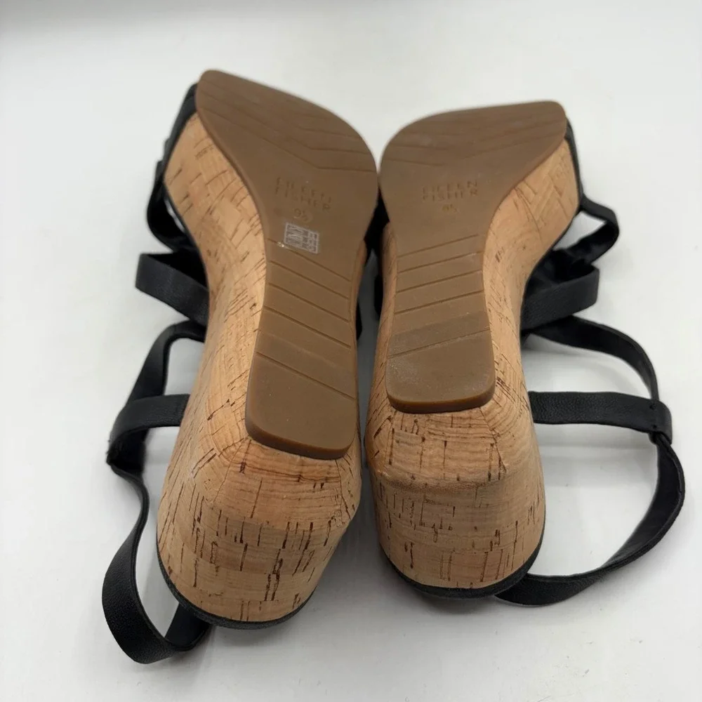 Eileen‎ Fisher Womens Black Leather Cork Platform Wedge Strappy Sandals Size 9.5